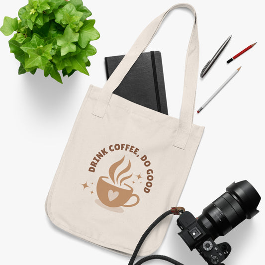 Bolsa de tela motivacional ecológica para tomar café: "Bebe café, haz el bien"