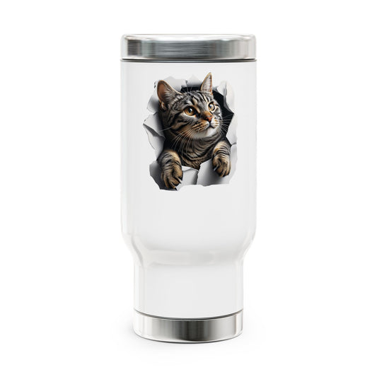 Taza de viaje con asa y diseño de gato divertido: taza de café de acero de 14 oz
