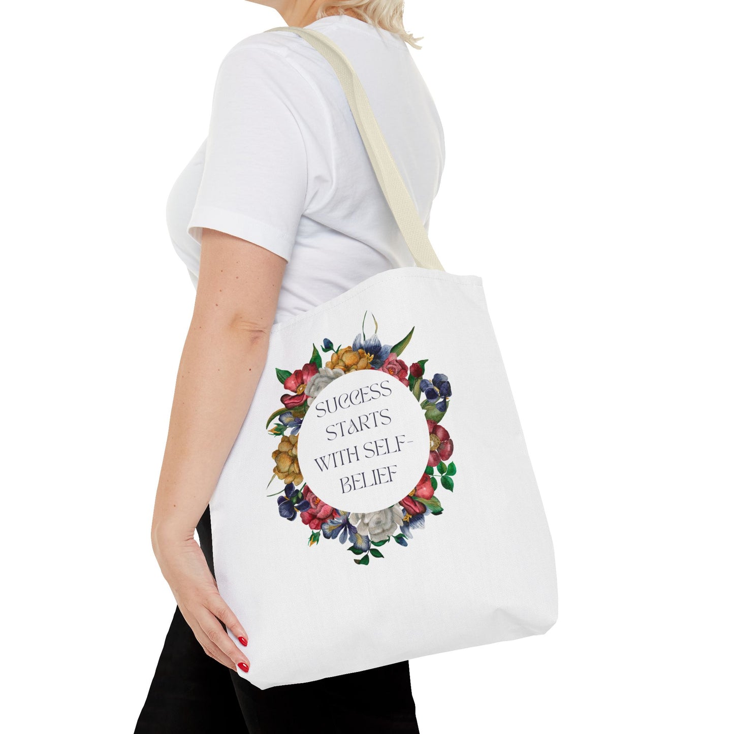 El éxito comienza con la confianza en uno mismo Bolsa de mano con diseño floral