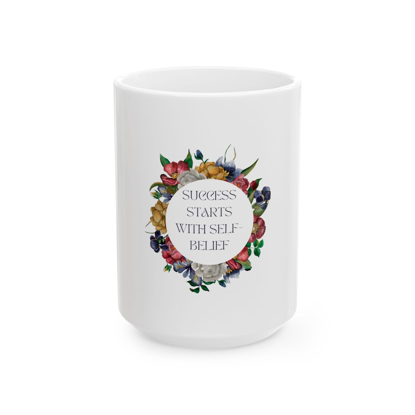 Inspirational Floral Ceramic Mug - "Success Starts with Self-Belief" | Coffee & Tea Mug