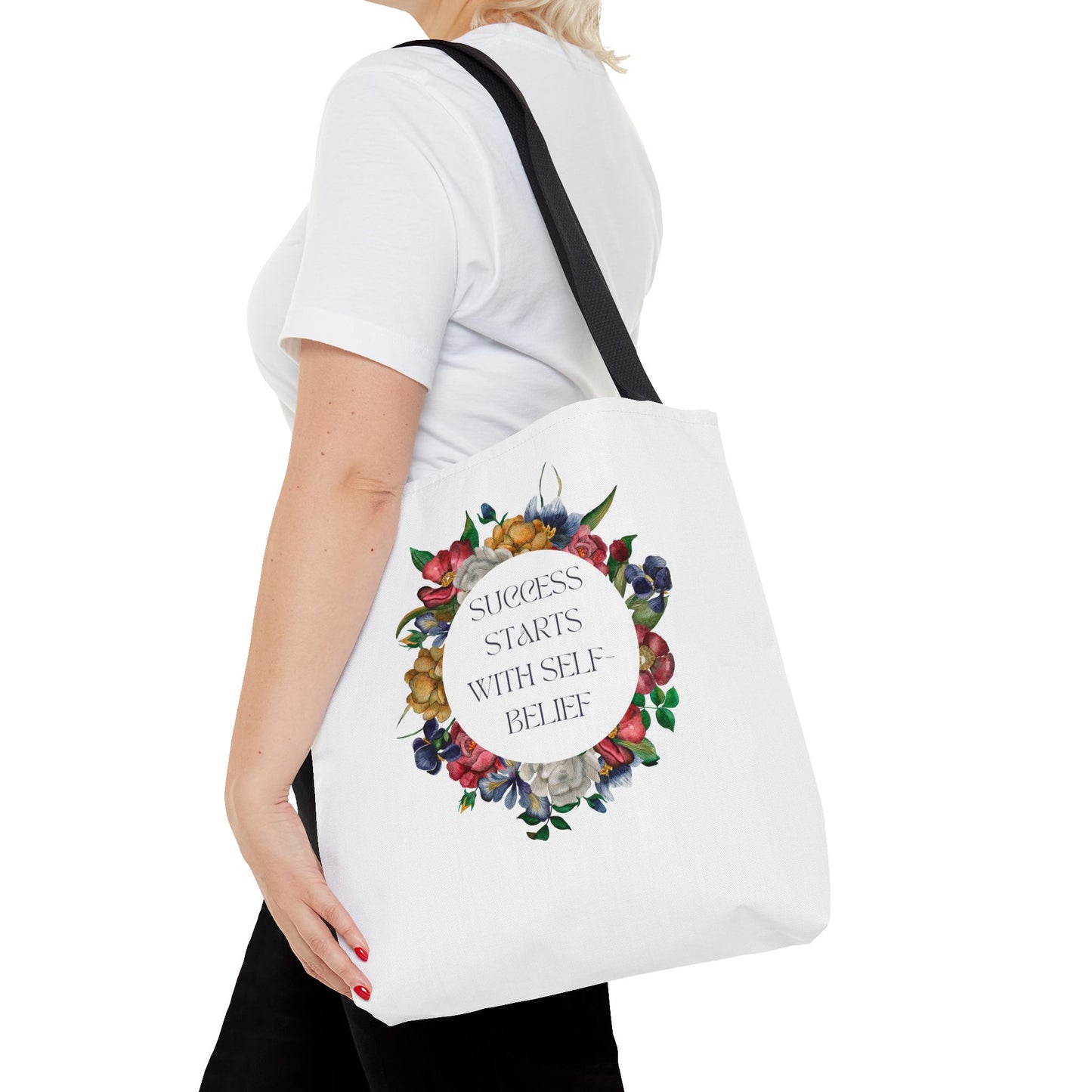 El éxito comienza con la confianza en uno mismo Bolsa de mano con diseño floral
