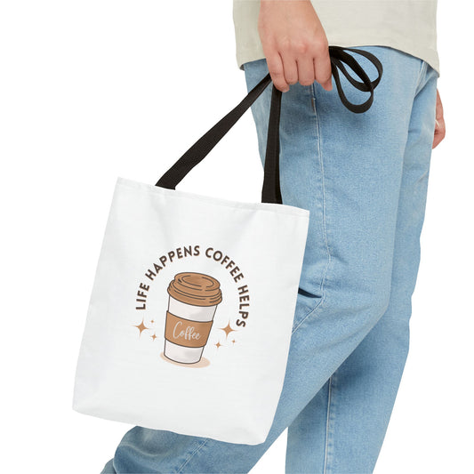 Bolsa de mano para amantes del café: «La vida sucede, el café ayuda»: bolsa de compras elegante y ecológica
