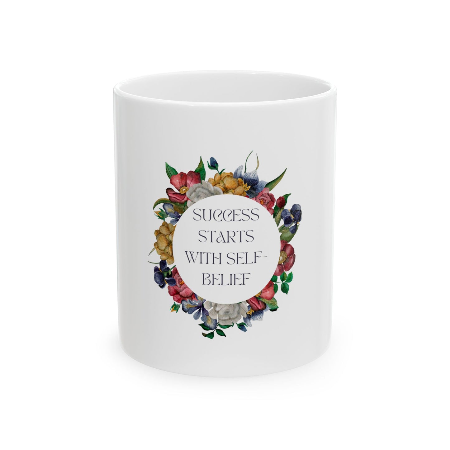 Inspirational Floral Ceramic Mug - "Success Starts with Self-Belief" | Coffee & Tea Mug